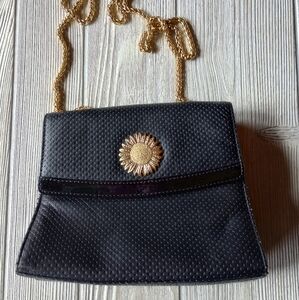 Albert Nipon Black Purse W/ Gold Chain Shoulder Strap Sunflower accent